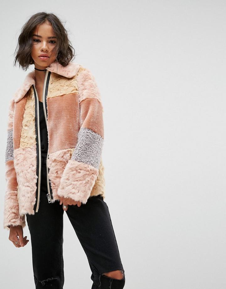Asos Jacket In Patchwork Faux Fur - Multi