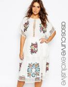 Asos Curve Midi Dress With Patch Floral Embroidery And Crochet Lace - Multi
