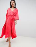 Asos Design Jumpsuit With Wrap Front And Hanky Hem In Satin - Red
