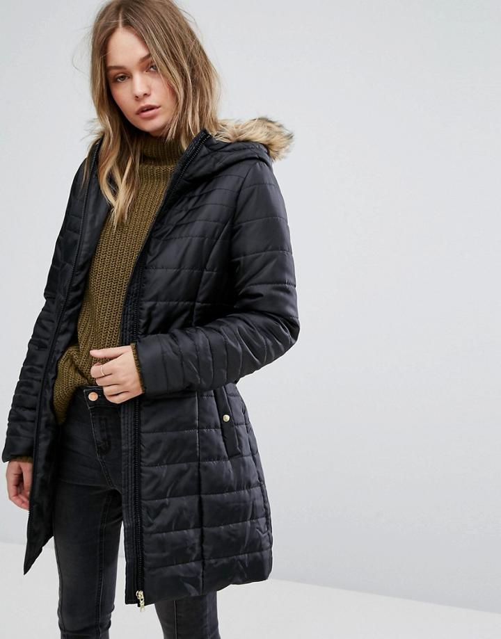 Vero Moda Padded Parka With Faux Fur Hood - Black