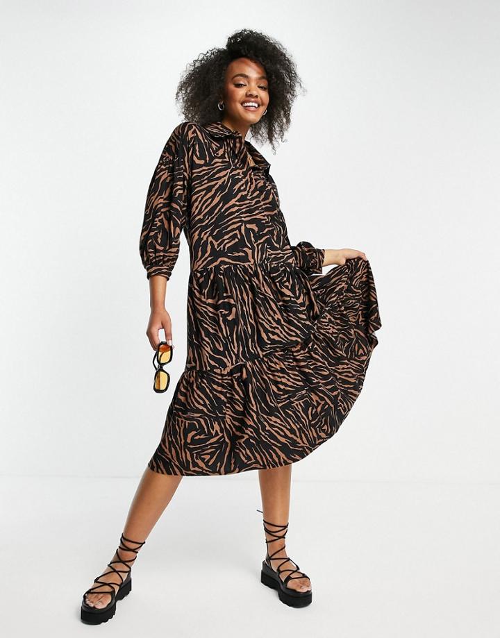 Asos Design Oversized Midi Shirt Smock Dress With Tiering And Puff Sleeves In Black Base Zebra