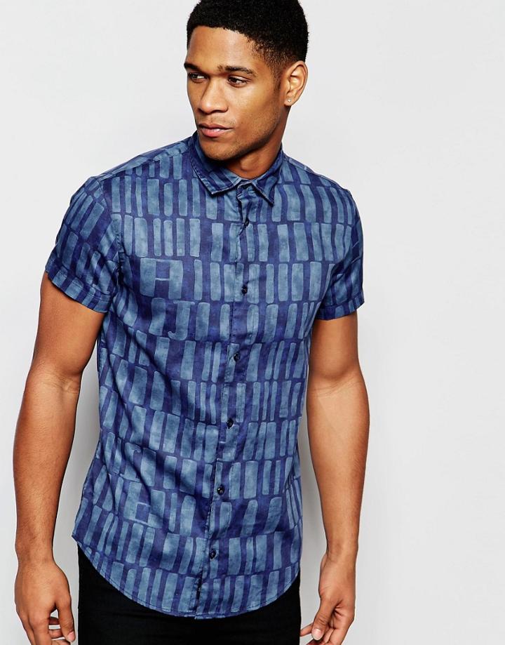Armani Jeans Shirt With All Over Print Slim Fit Short Sleeves - Blue