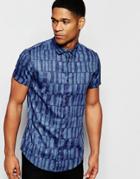 Armani Jeans Shirt With All Over Print Slim Fit Short Sleeves - Blue