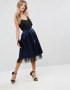 Asos Design Structured Satin Midi Skirt With Tulle Underlayer-navy