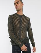 Asos Design Knitted Mesh Sweater In Metallic Yarn-gold