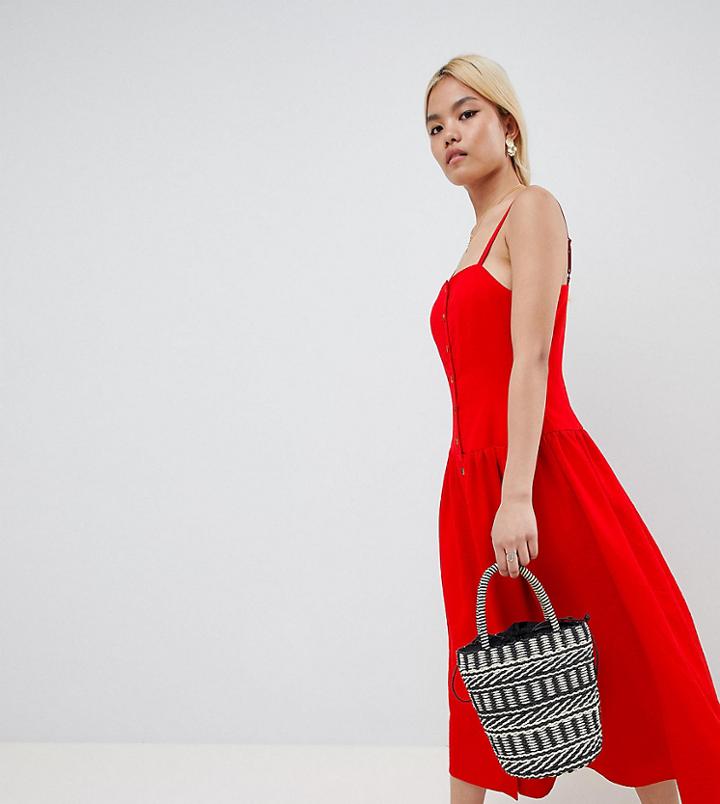 Asos Design Petite Button Through Drop Waist Maxi Dress - Red