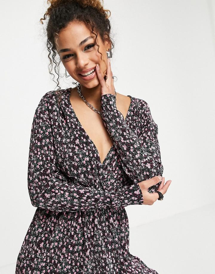 Asos Design Wrap Front Plisse Jumpsuit In Purple Floral-multi