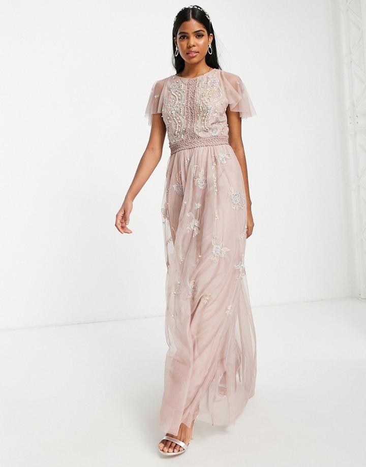 Asos Design Bridesmaid Pearl Embellished Flutter Sleeve Maxi Dress With Floral Embroidery In Rose-pink