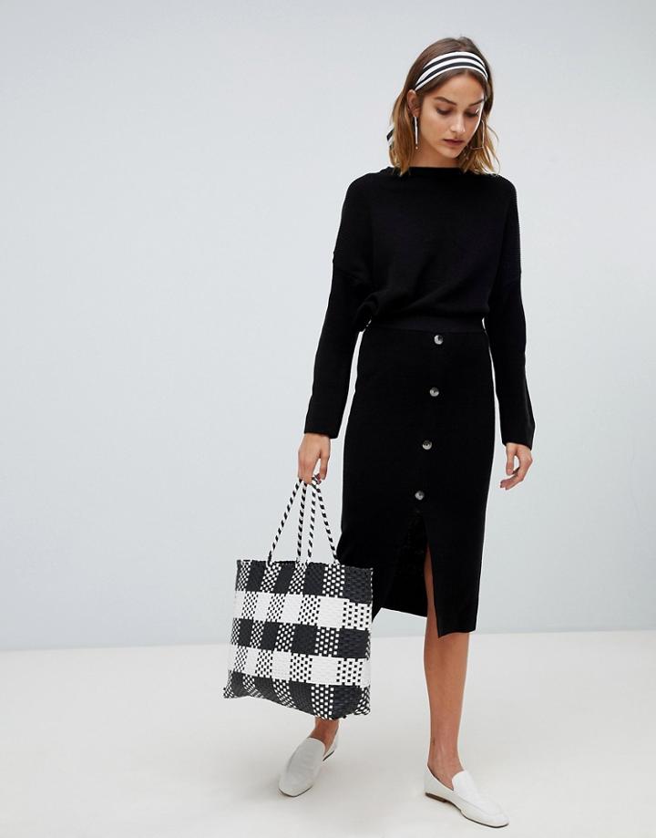 Stradivarius Ribbed And Button Detail Skirt Two-piece - Black