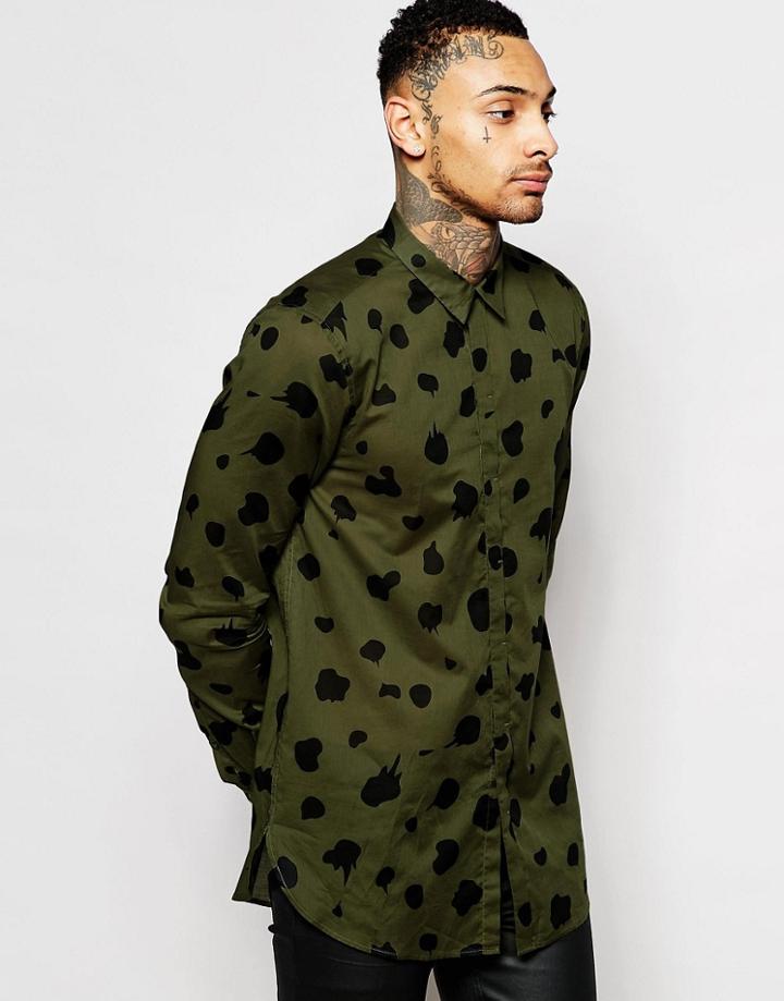 Asos Sheer Shirt In Khaki And Black Splodge Print In Longline - Khaki