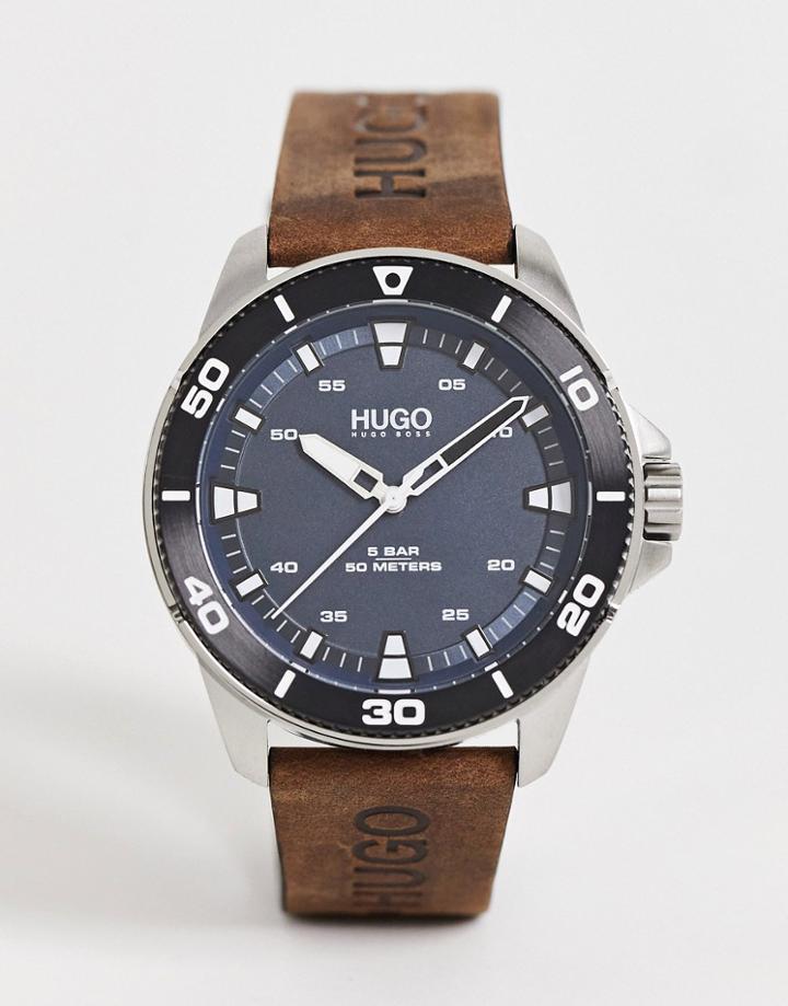 Hugo Men's Leather Watch With Blue Dial In Brown 1530220