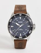 Hugo Men's Leather Watch With Blue Dial In Brown 1530220