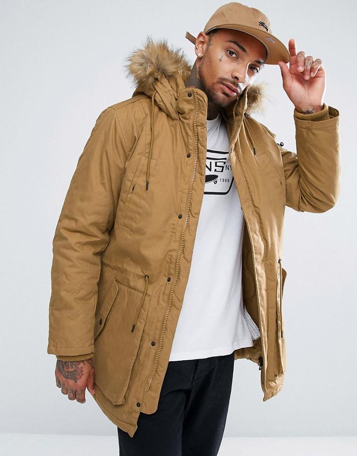 Bershka Parka With Detachable Fur Hood In Camel - Tan
