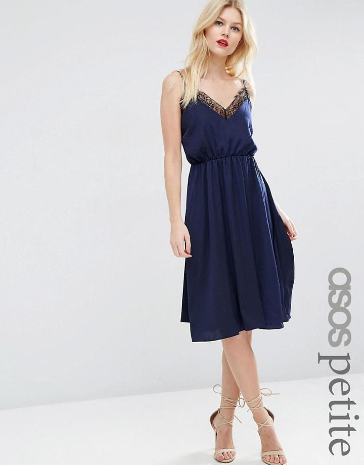Asos Petite Hammered Satin Lace Trim Cami Midi Dress - Navy