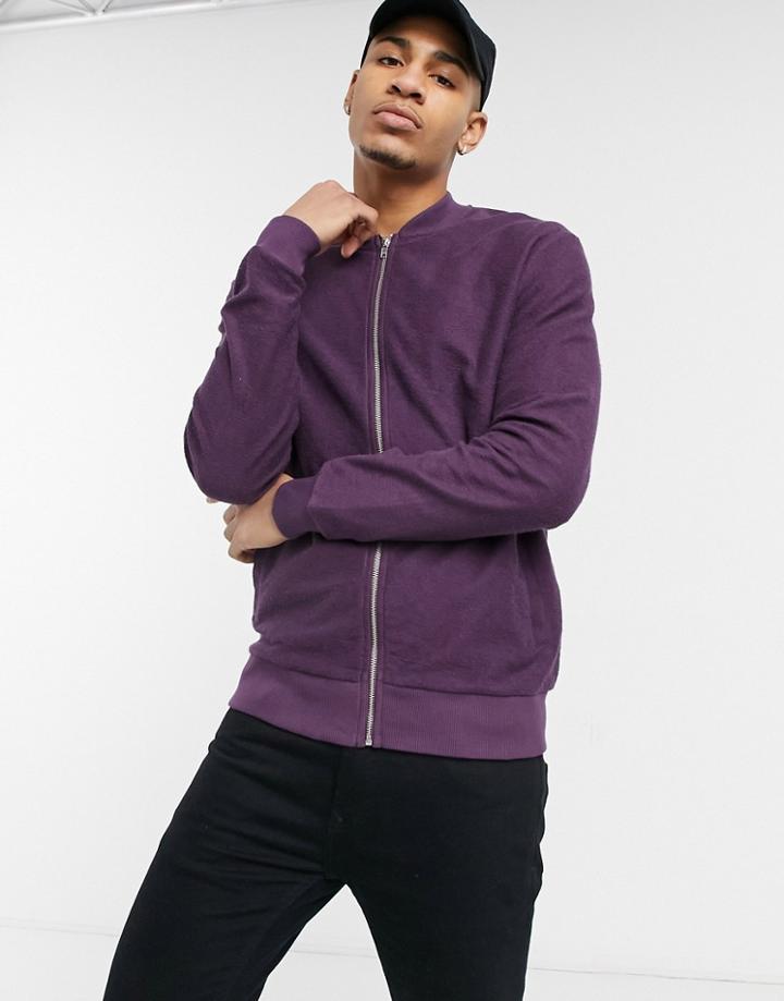 Asos Design Jersey Bomber Jacket In Burgundy Reverse Loopback-red