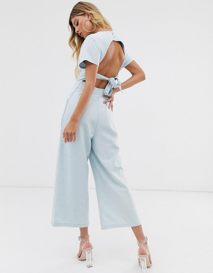 Asos Design Denim Button Through Jumpsuit With Open Back In Midwash Blue - Blue