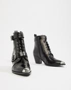 Asos Design Rhythmic Premium Leather Western Lace Up Boots - Black