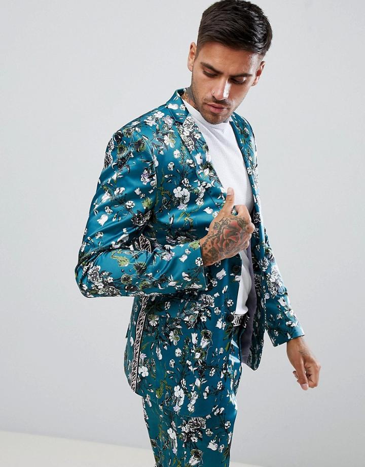 Asos Design Super Skinny Suit Jacket In Teal Floral Print Sateen - Green