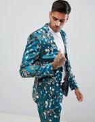 Asos Design Super Skinny Suit Jacket In Teal Floral Print Sateen - Green