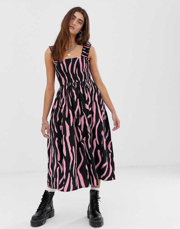Collusion Zebra Shirred Midi Dress - Multi