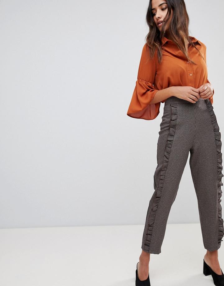 Love Check Frill Detail Pants - Brown