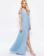 Jarlo Button Front Maxi Dress With Front Split And Lace Capped Sleeves - Blue