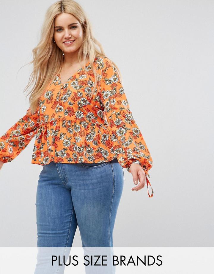 Influence Plus Button Front Peplum Floral Blouse - Orange