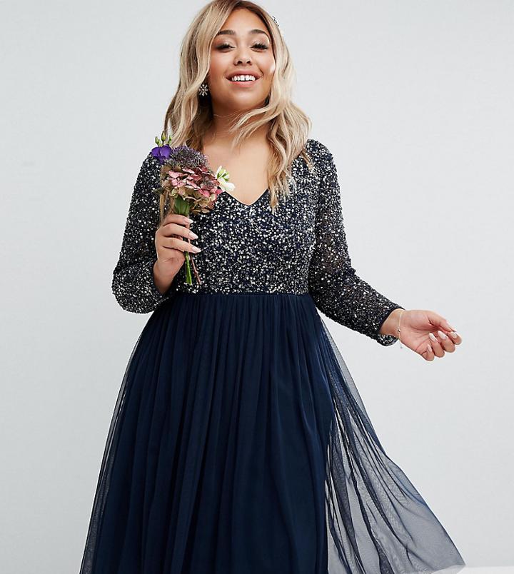 Lovedrobe Luxe Long Sleeve V Neck Midi Dress With Delicate Sequin And Tulle Skirt - Navy