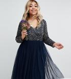 Lovedrobe Luxe Long Sleeve V Neck Midi Dress With Delicate Sequin And Tulle Skirt - Navy