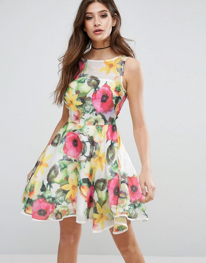 Ax Paris Floral Skater Mini Dress - Cream