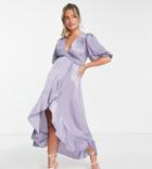 Flounce London Maternity Puff Sleeve Maxi Wrap Dress In Light Blue Satin