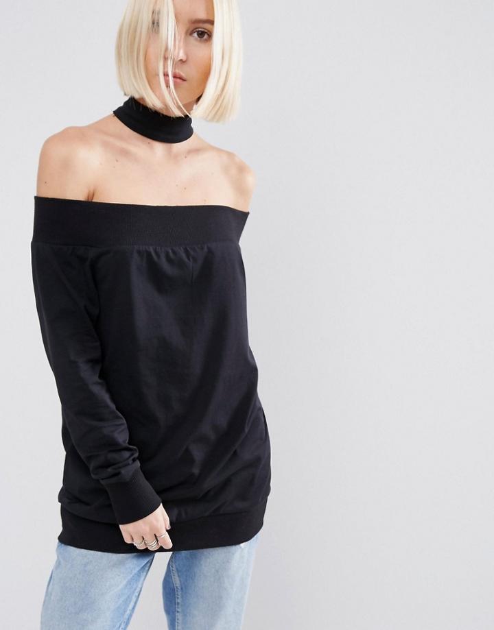 Asos White Off Shoulder Long Sleeve T-shirt With Choker Detail - Black