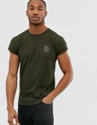 Bershka Muscle Fit T-shirt With Chest Print In Khaki - Green