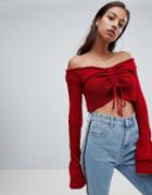 Prettylittlething Ruched Bardot Cropped Sweater - Red