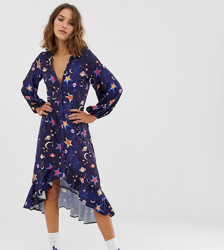 Asos Made In Kenya Button Through Midi Dress With Ruffle Detail-navy