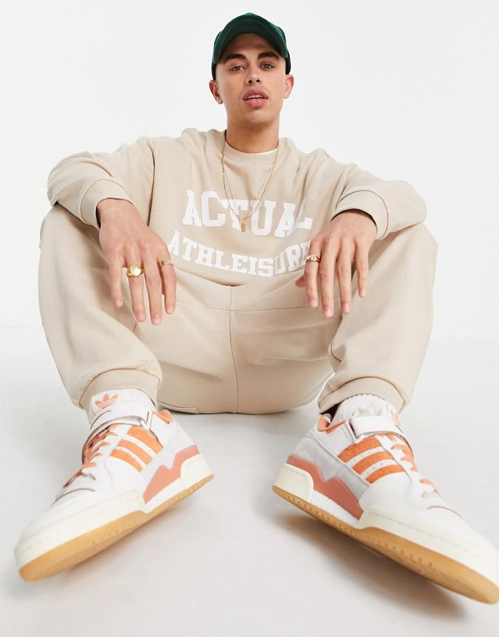 Asos Actual Athleisure Oversized Sweatshirt With Logo Print In Sand - Part Of A Set-neutral