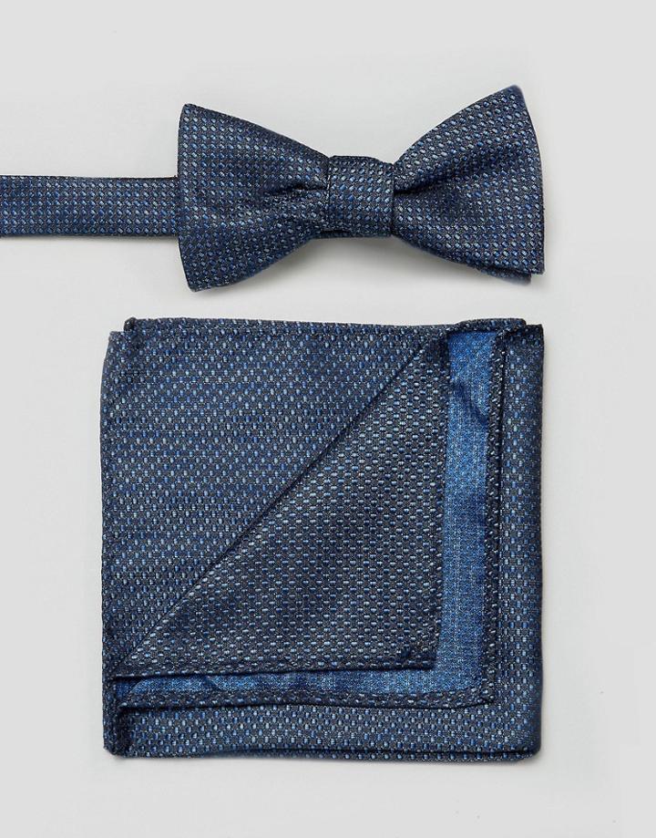 Selected Homme Bow Tie & Pocket Square With Dash Print - Navy