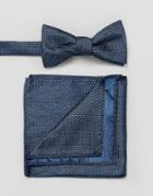 Selected Homme Bow Tie & Pocket Square With Dash Print - Navy