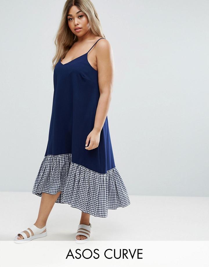Asos Curve Cami Midi Dress With Dropped Hem In Gingham - Multi