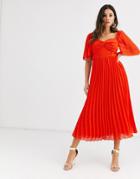 Asos Design Twist Front Pleated Midi Dress With Angel Sleeve In Chevron Dobby - Red