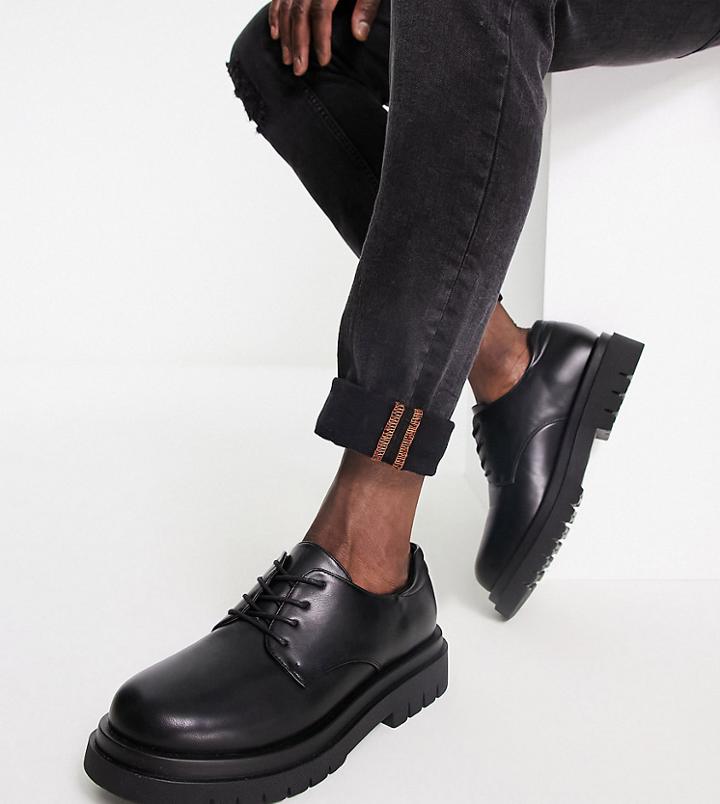 Truffle Collection Wide Fit Chunky Lace Up Shoes In Black Faux Leather