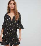 Asos Design Petite Mini Dress With Plunge In Spot And Floral - Multi
