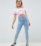Chorus Petite Raw Hem High Rise Skinny Jeans With Rose Embroidered Pocket - Blue