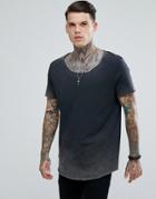 Asos Longline T-shirt With Acid Wash And Curved Hem And Scoop Neck - Gray