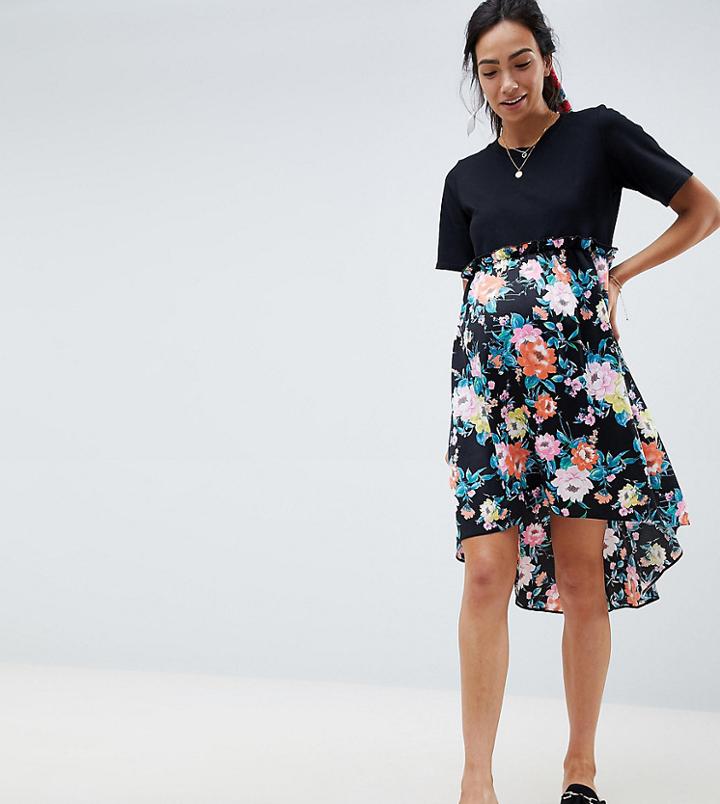Asos Design Maternity Mixed Print Smock Mini Dress With Hi Low Hem-multi