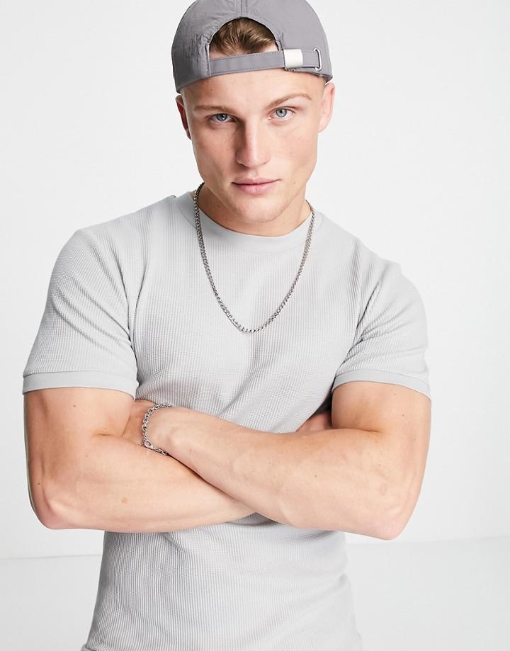 Asos Design Muscle T-shirt In Waffle In Light Gray - Part Of A Set-grey