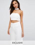 Parallel Lines Strapless Crop Top With Choker Neck In Lace - White