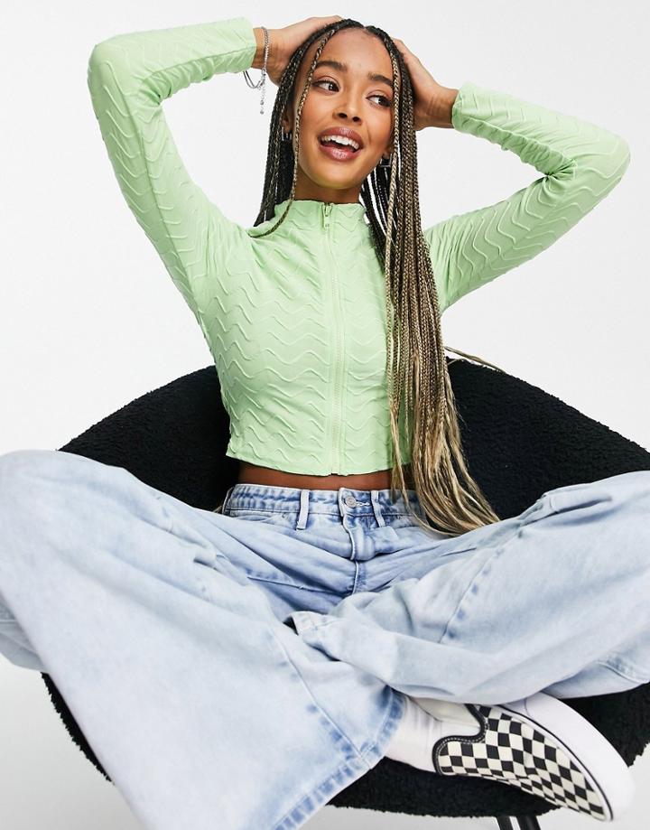 Asos Design Zip Through High Neck Top In Wavy Texture-green