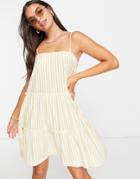 Asos Design Strappy Sundress With Tiered Frill Detail In Buttermilk Stripe-yellow