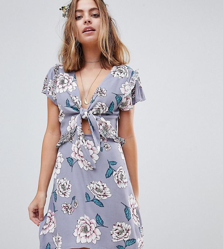 Sisters Of The Tribe Petite Tie Front Tea Dress With Contrast Frill In Floral - Multi